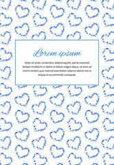 Card background with many little blue hearts and text template, a4 size vertical illustration