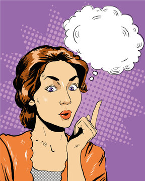 Thinking woman with speech bubble. Vector illustration in retro pop art comic style