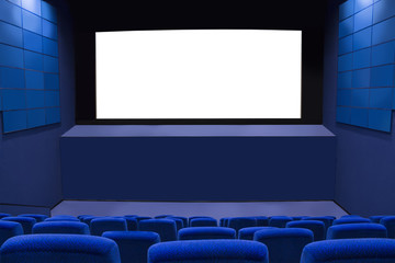 Cinema screen with blue seats and walls. Cinema theater without people. Empty cinema hall. White screen in the cinema. The interior of the cinema. Ready for adding your picture or text.