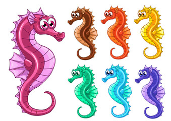 Set seven iridescent sea horses on white