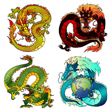 Set four cunning Asian color dragon