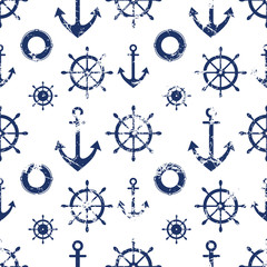Vector seamless pattern. Steering wheel, life preserver, anchor. Creative geometric grunge background, nautical theme. Texture with cracks, ambrosia, scratches, attrition. Graphic illustration. - 115770132