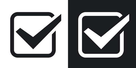 Check mark icon, vector illustration. Two-tone version on black and white background