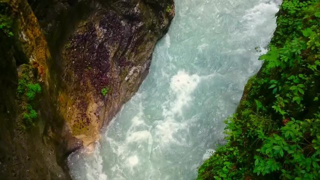 Aerial view and camera flight over rapids in Partnach Gorge or Partnachklamm is a scenic location and nature attraction in Germany near Garmisch Paterkirchen. 