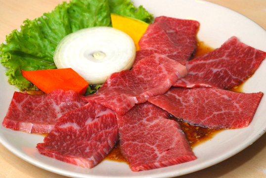 high quality premium Fresh Beef slices on white plate korean grilled menu