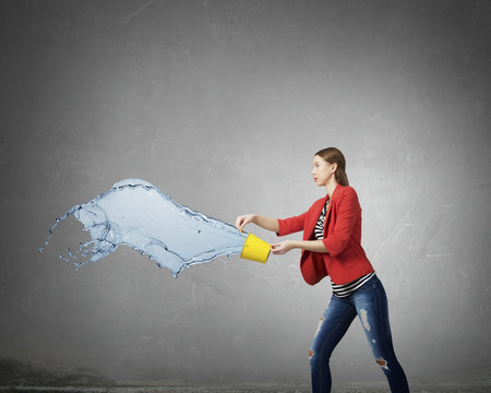 Girl Pouring Water From Bucket . Mixed Media