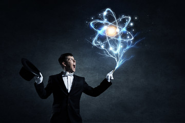 Man magician with cylinder hat . Mixed media