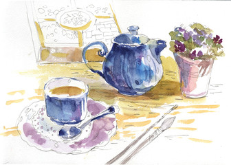 sketch, still life, watercolor