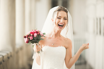 Wonderful bride with a luxurious white dress posing in the old town
