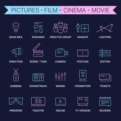 Icons of movie, film, cinema, pictures area. Linear, pink and blue.