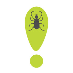 Tick insect silhouette. Mite deer ticks icon. Green exclamation point. Dangerous black parasite. White background. Isolated. Flat design.
