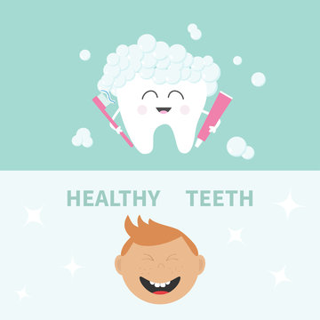 Tooth holding toothpaste and toothbrush. Bubbles foam. Smiling boy. Banner set. Cute cartoon character. Children teeth care icon. Oral dental hygiene Tooth health. Baby background Flat design