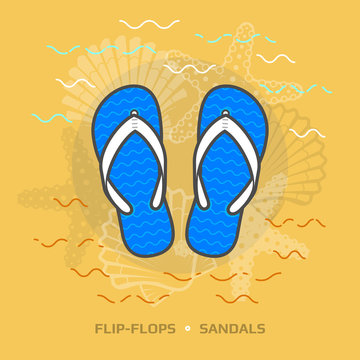 Flat illustration of flip flops against yellow background. Flat design of beach sandals, top view. Vector image about footwear, recreation, travel, beach vacation, holidays, summer shoes, etc
