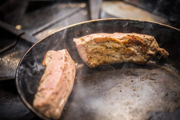 Meat in pan