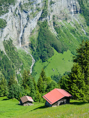 Scenic view on trekking route between Murren and Gimmelwald, Swi