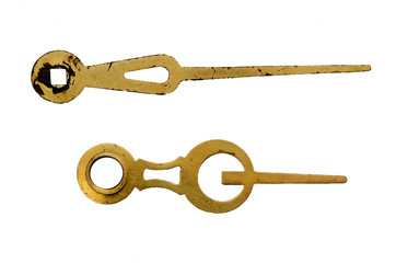 Old scratched clock hands isolated on a white background