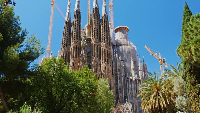 The famous Sagrada Familia temple in the summer. In the picture, no people