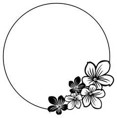 Black and white round frame with abstract flowers silhouettes. Vector clip art.