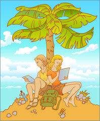 Young couple, girl and guy are learning together under the palm-tree. 