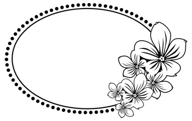 Black and white oval frame with abstract flowers silhouettes. Vector clip art.