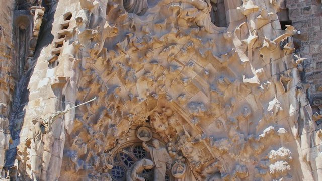 Sculptures, figures and molding on the walls of the famous Sagrada Familia. Close-up
