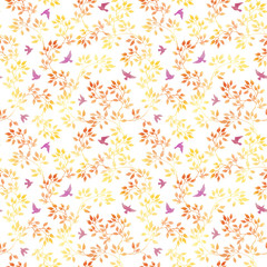 Autumn leaves and cute birds. Watercolor seamless pattern