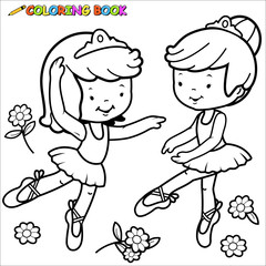 Ballerina girls dancing. Vector black and white coloring page