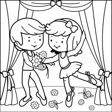 A girl and a boy ballet dancers dancing on the stage. Vector black and white coloring page