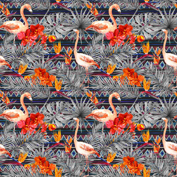 Flamingo, tropical leaves, exotic flowers. Seamless tribal background. Watercolor