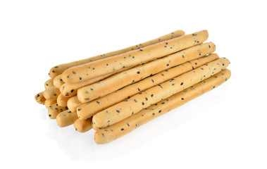 pile of crispy bread stick with black sasame on white background