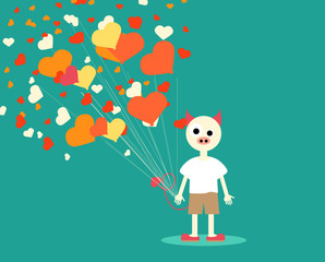 дьявол с воздушными шарами в виде сердца