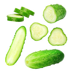 Set of fresh green ripe whole, half and slices cucumber isolated on white background. Design element for product label, catalog print, web use.