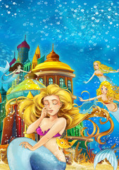 Fototapeta na wymiar Cartoon fantasy scene on underwater kingdom - beautiful manga girl - mermaid friends - illustration for children