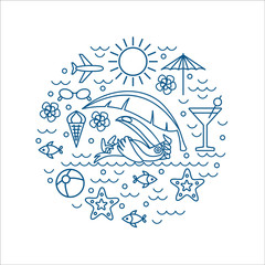  Summer, Toucan, beach infographic. A set of monochrome symbols and elements to print on t-shirts