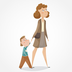 Mother and son walking and holding hands. Funny cartoon characters. Vector illustration