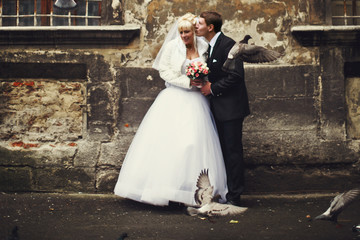 Pigeons fly before a kissing wedding couple