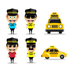 Taxi driver and taxi. Set of vector illustrations, characters and icons taxi