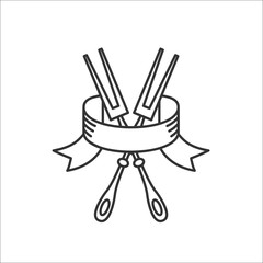 Two crossed forks with an elegant ribbon. Cutlery, Vector sign. Set for barbecue