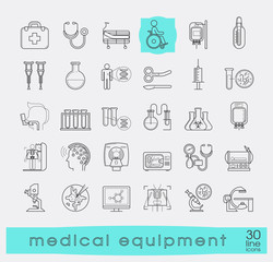 Collection of medical equipment icons. Set of premium quality line icons related to medicine equipment, hospital, emergency. 