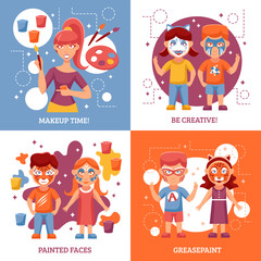 Children With Painted Faces Concept Icons Set 