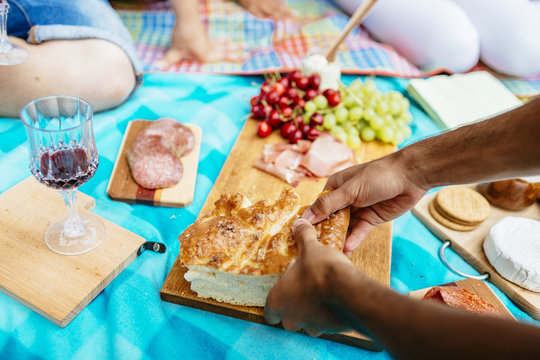 Cropped image of man breaking bread during picnic in park