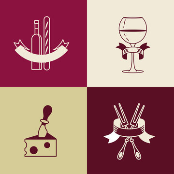  Wine bottle, wineglass, French baguette, cheese, fork. Isolated on a white background. Set of vector icons
