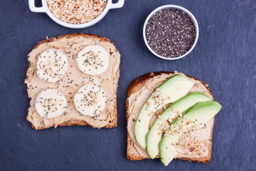 bread with peanut butter and banana, avocado