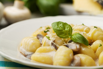 Portion of gnocchi with mushroom sauce and cheese.