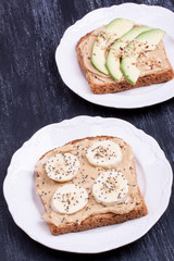 bread with peanut butter and banana, avocado
