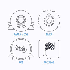 Race flag, winner medal and timer icons.