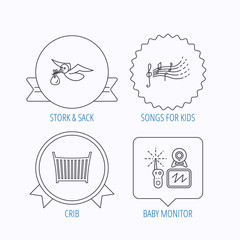 Baby monitor, crib bed and songs for kids icons.