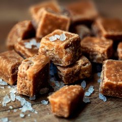 Salted caramel pieces and sea salt macro. Butter caramel candy m