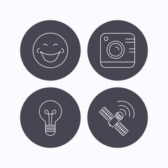 Smiling face, photo camera and lightbulb icons.