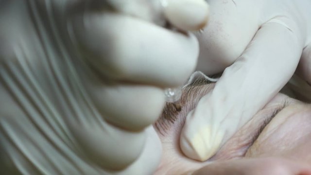 Old woman lies and getting eyelash makeup at beauty salon. Applying Permanent Make up on eyelash. Beautician making permanent makeup of eyelash. Master works with the eyebrows. Semi-permanent make-up